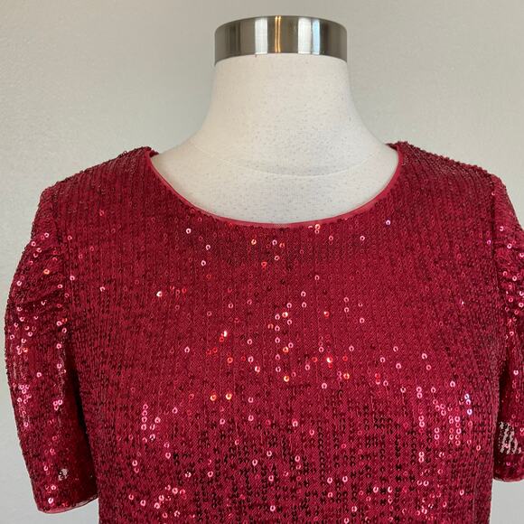 DKNY Red Sequined Cocktail Dress Size 14 Knee Length Short Sleeve Shift - Picture 5 of 11